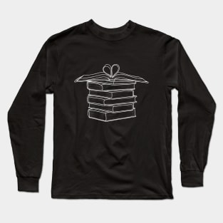 Book Stack Line Art | Books White Line Art Long Sleeve T-Shirt